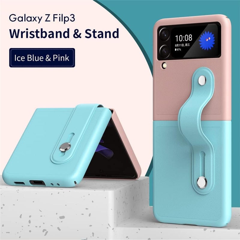 MAKINGTEC Mobile Phone Protective Case, for Z Flip 3 5G 2021 with Hand Strap Cover PU Leather Compatible with Fit for Samsung Galaxy Z Flip 3 5G Case Wristband Plastic PC (Pink Blue) (Galaxy Z Flip 3) - Image 5