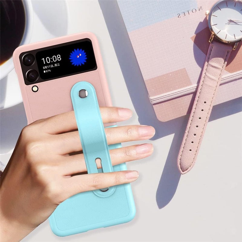 MAKINGTEC Mobile Phone Protective Case, for Z Flip 3 5G 2021 with Hand Strap Cover PU Leather Compatible with Fit for Samsung Galaxy Z Flip 3 5G Case Wristband Plastic PC (Pink Blue) (Galaxy Z Flip 3) - Image 3