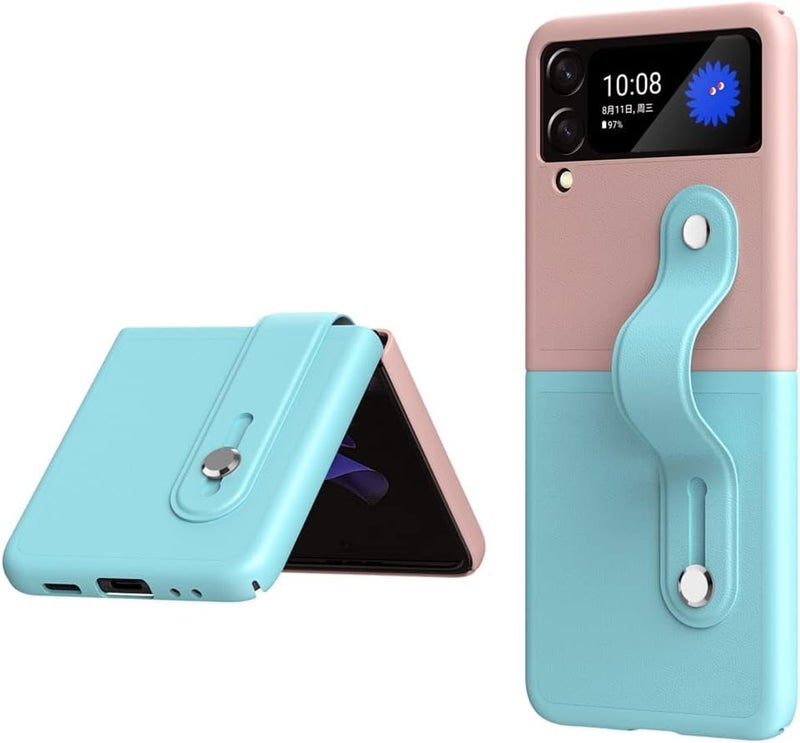 MAKINGTEC Mobile Phone Protective Case, for Z Flip 3 5G 2021 with Hand Strap Cover PU Leather Compatible with Fit for Samsung Galaxy Z Flip 3 5G Case Wristband Plastic PC (Pink Blue) (Galaxy Z Flip 3) - Image 1