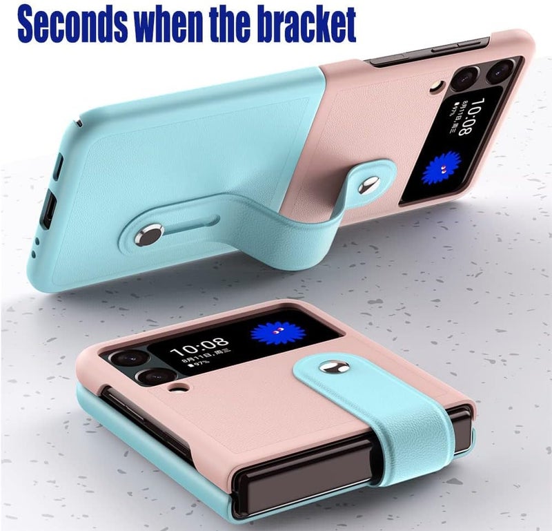 MAKINGTEC Mobile Phone Protective Case, for Z Flip 3 5G 2021 with Hand Strap Cover PU Leather Compatible with Fit for Samsung Galaxy Z Flip 3 5G Case Wristband Plastic PC (Pink Blue) (Galaxy Z Flip 3) - Image 4