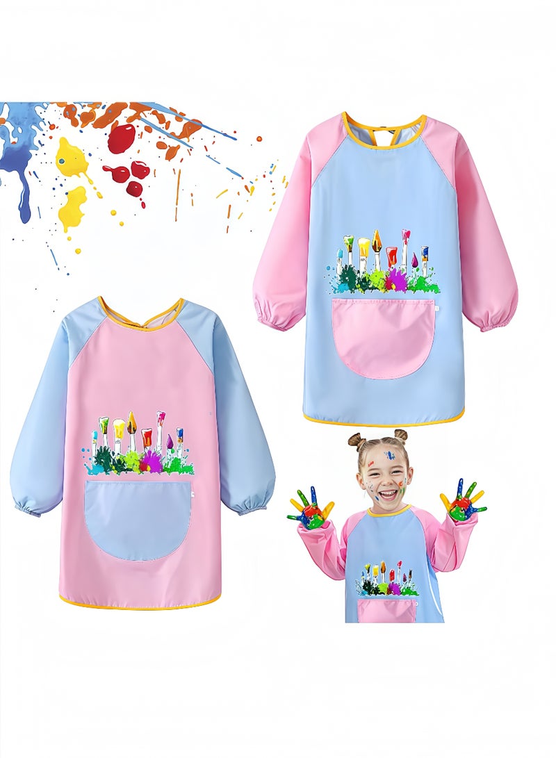 Peachjoy 2pcs Kids Waterproof Art Apron, Long Sleeve Painting Smock with Pockets for Ages 5-12n, Cooking and Arabic Calligraphy Protective Wear (Pink+Blue) - Image 1