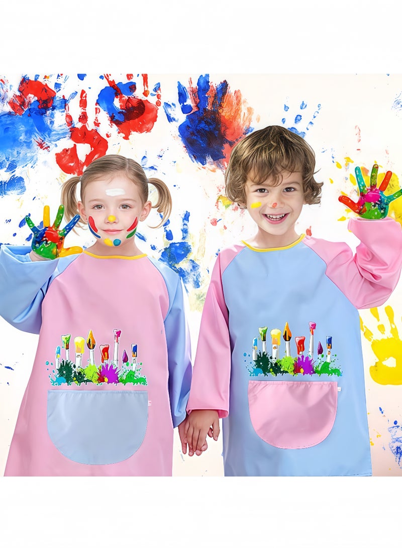 Peachjoy 2pcs Kids Waterproof Art Apron, Long Sleeve Painting Smock with Pockets for Ages 5-12n, Cooking and Arabic Calligraphy Protective Wear (Pink+Blue) - Image 2