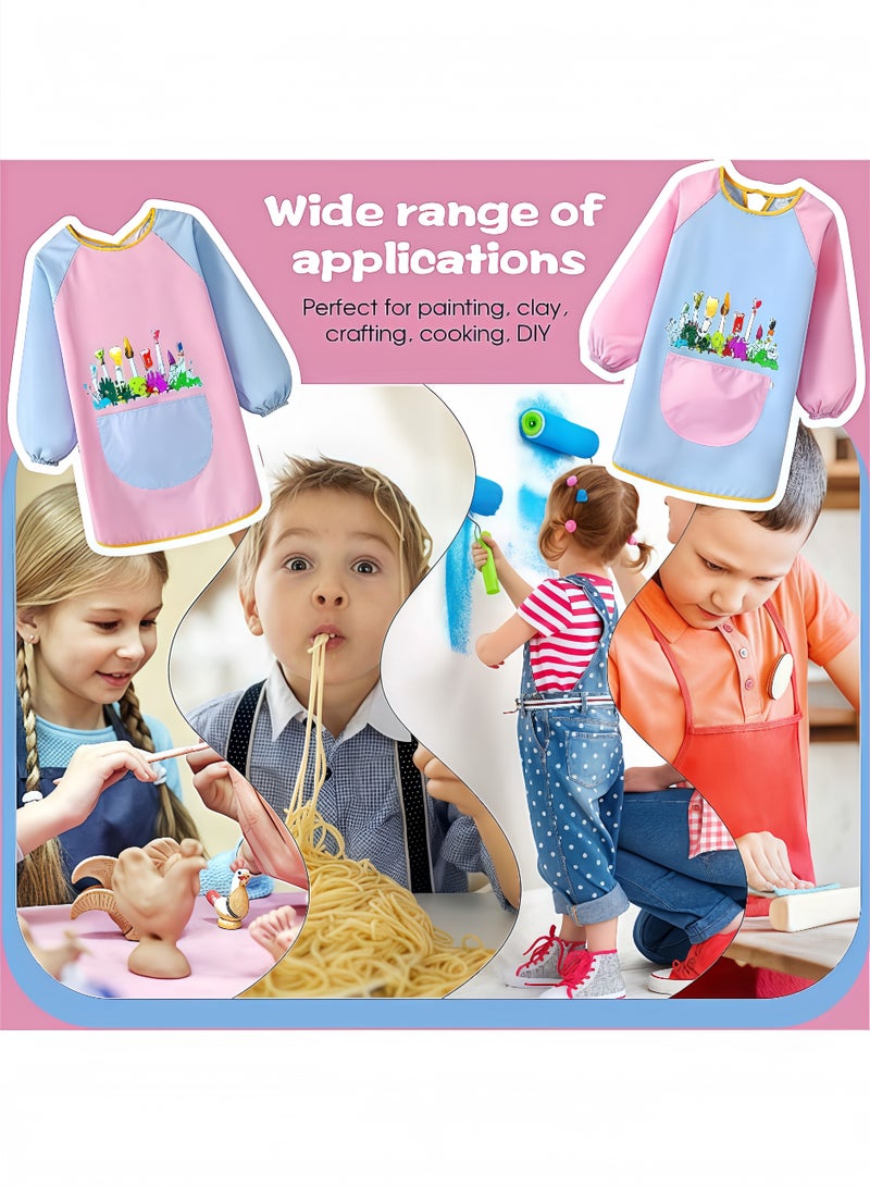 Peachjoy 2pcs Kids Waterproof Art Apron, Long Sleeve Painting Smock with Pockets for Ages 5-12n, Cooking and Arabic Calligraphy Protective Wear (Pink+Blue) - Image 4