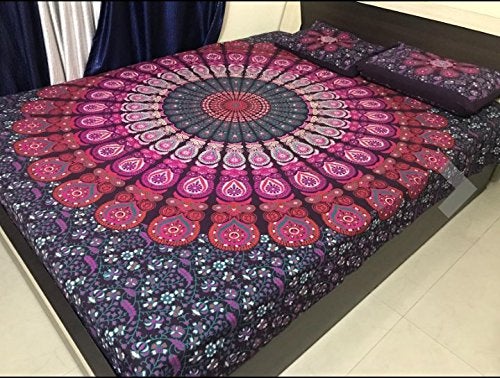 PURE COMFORT 100 Cotton Mandala 120 TC Double Bedsheet Peacock Feathers Printed Design with 2 Pillow CoversKing Size Wine - Image 2