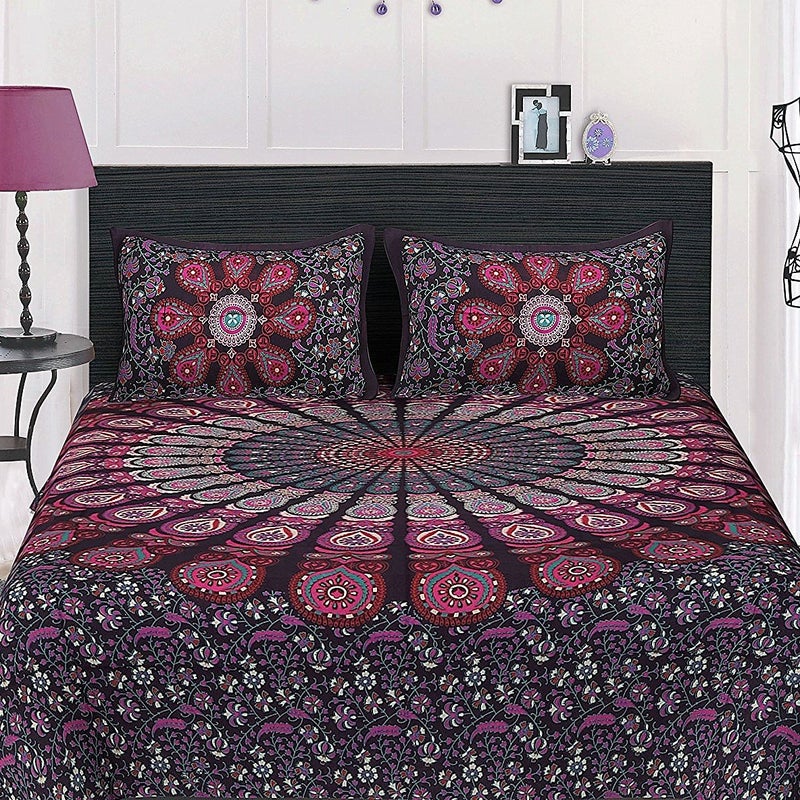 PURE COMFORT 100 Cotton Mandala 120 TC Double Bedsheet Peacock Feathers Printed Design with 2 Pillow CoversKing Size Wine - Image 1