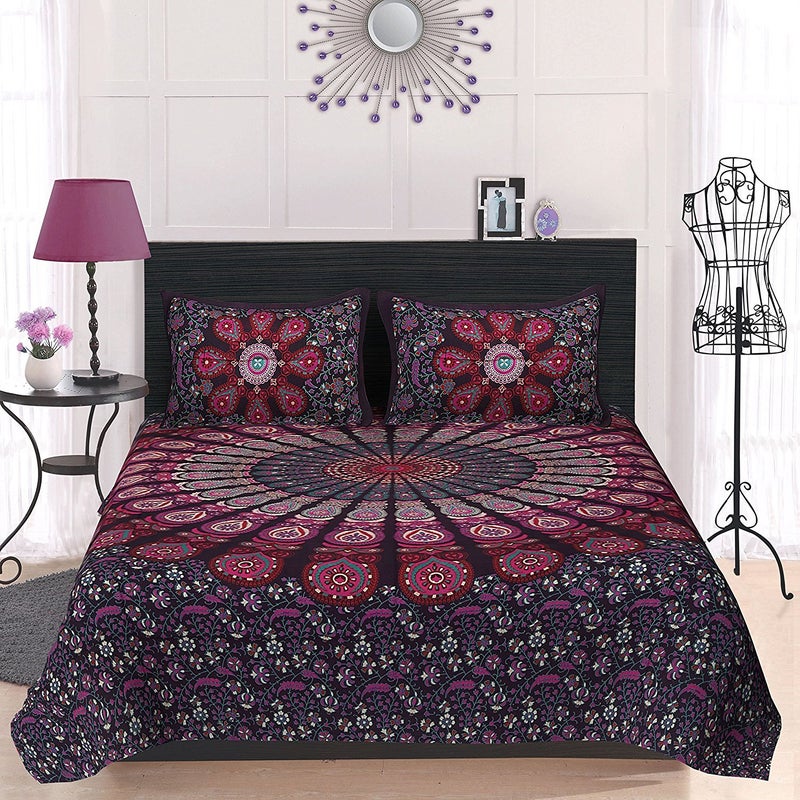 PURE COMFORT 100 Cotton Mandala 120 TC Double Bedsheet Peacock Feathers Printed Design with 2 Pillow CoversKing Size Wine - Image 3