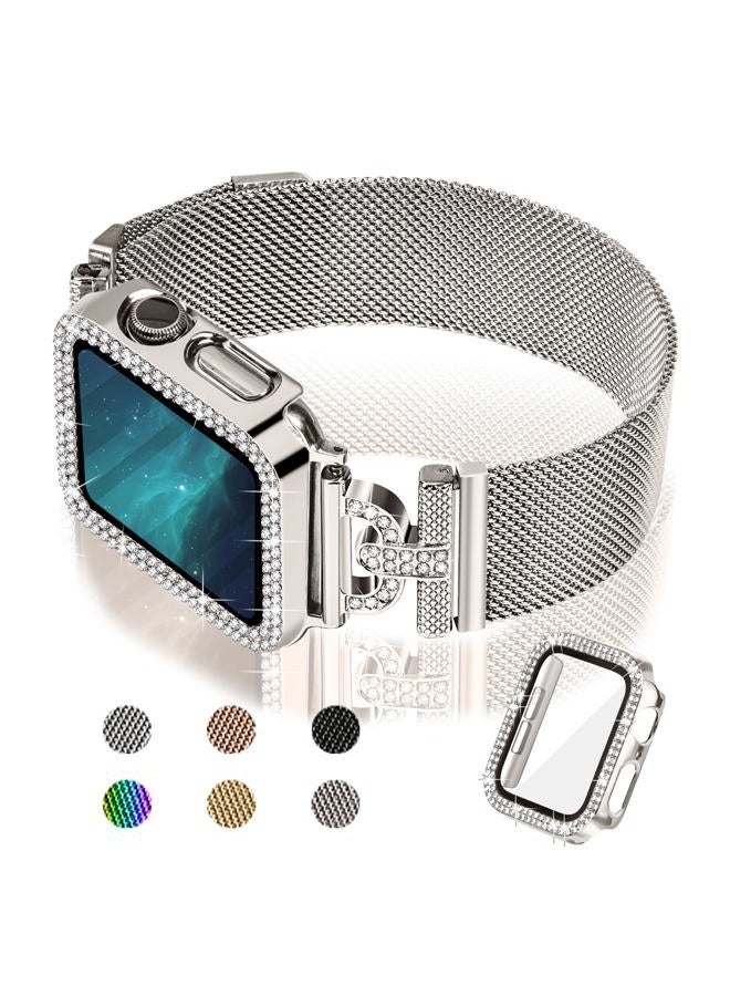 Joyozy Magnetic Band Compatible with Apple Watch Band 38mm 40mm 41mm 42mm 44mm 45mm 46mm Milanese Strap with Bling Case and Screen Protector, Dressy Stainless Steel iWatch Loop for Women (Starlight 45 - Image 1