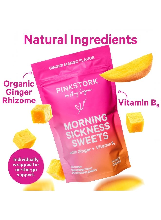 Pink Stork حلوى بيك ستورك للغثيان الصباحي - حلوى مانجو زنجبيل عضوية مع فيتامين ب6 للغثيان الصباحي، دوار الحركة، حرقة المعدة، متطلبات الحمل - 30 حبة مغلفة - Image 2
