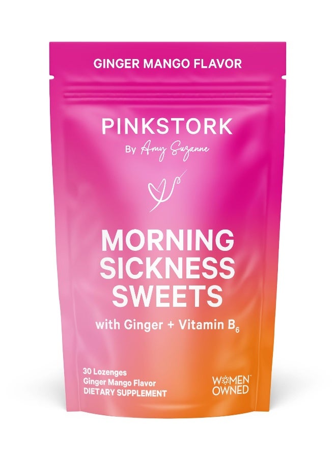 Pink Stork حلوى بيك ستورك للغثيان الصباحي - حلوى مانجو زنجبيل عضوية مع فيتامين ب6 للغثيان الصباحي، دوار الحركة، حرقة المعدة، متطلبات الحمل - 30 حبة مغلفة - Image 1