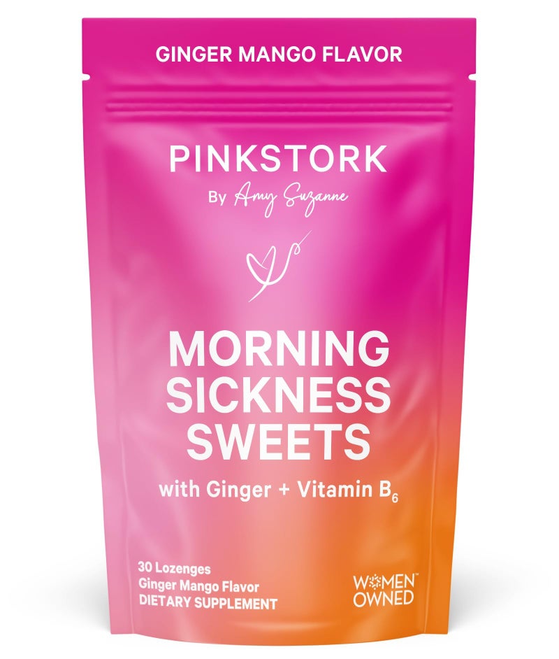 Pink Stork حلوى بيك ستورك للغثيان الصباحي - حلوى مانجو زنجبيل عضوية مع فيتامين ب6 للغثيان الصباحي، دوار الحركة، حرقة المعدة، متطلبات الحمل - 30 حبة مغلفة - Image 1