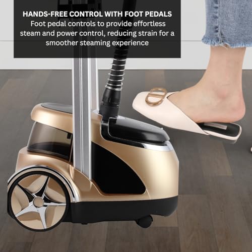 SALAV Limited Edition Professional Series Dual Bar Garment Steamer with Foot Pedals, Stainless Steel Steam Plate, Retractable Power Cord, 1.8L (60.8 oz) Water Tank, 1500 watts, 60+mins of Steam - Image 4