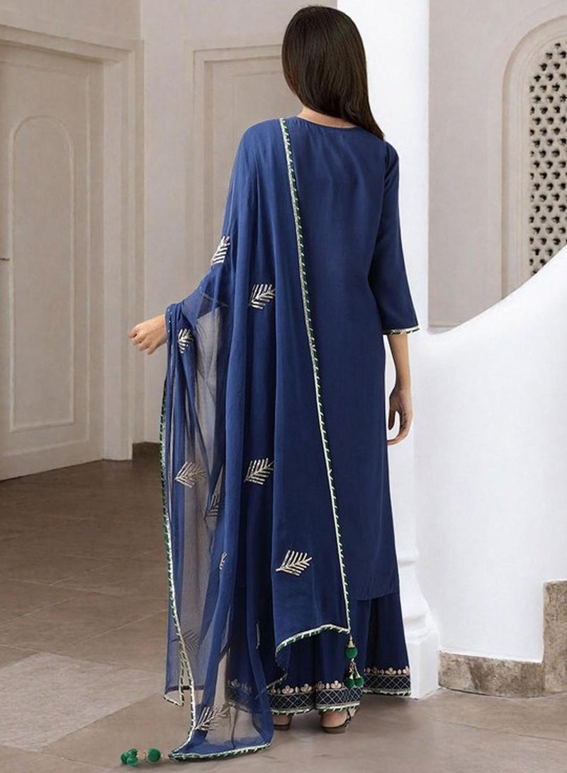 ISHIN Women's Navy 100% Polyester Embellished Tunic Full Length Palazzo Straight Fit Kurta Set  - Image 3