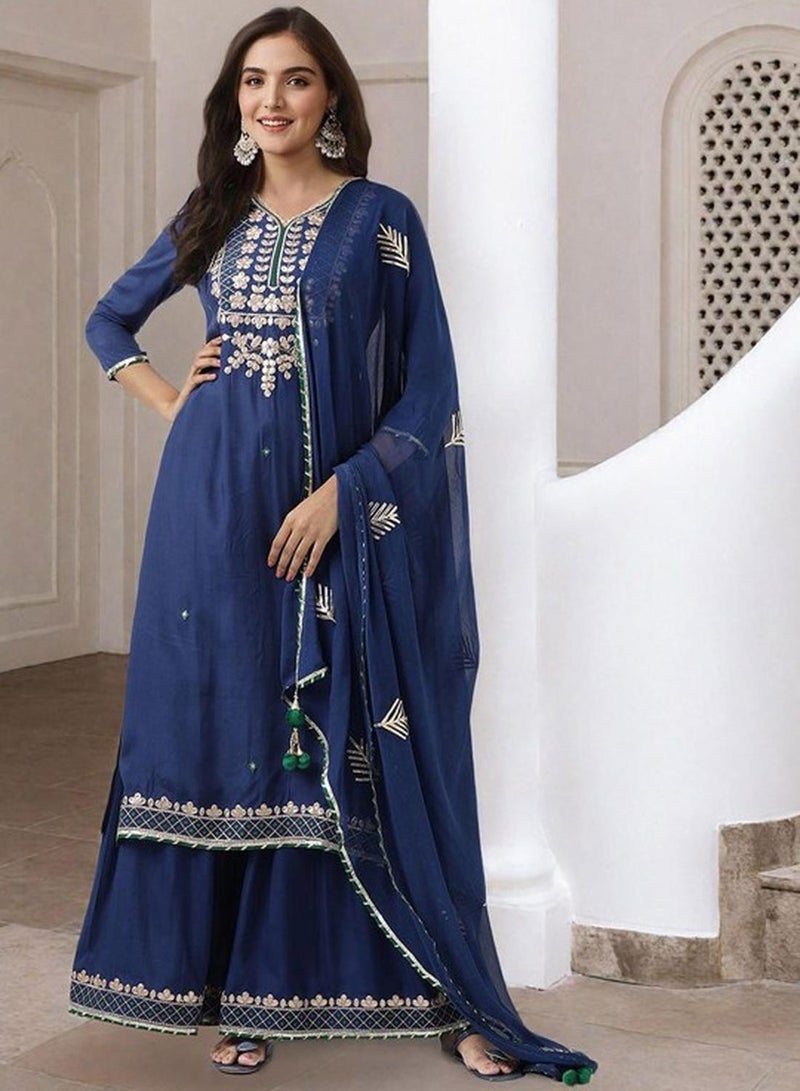 ISHIN Women's Navy 100% Polyester Embellished Tunic Full Length Palazzo Straight Fit Kurta Set  - Image 1