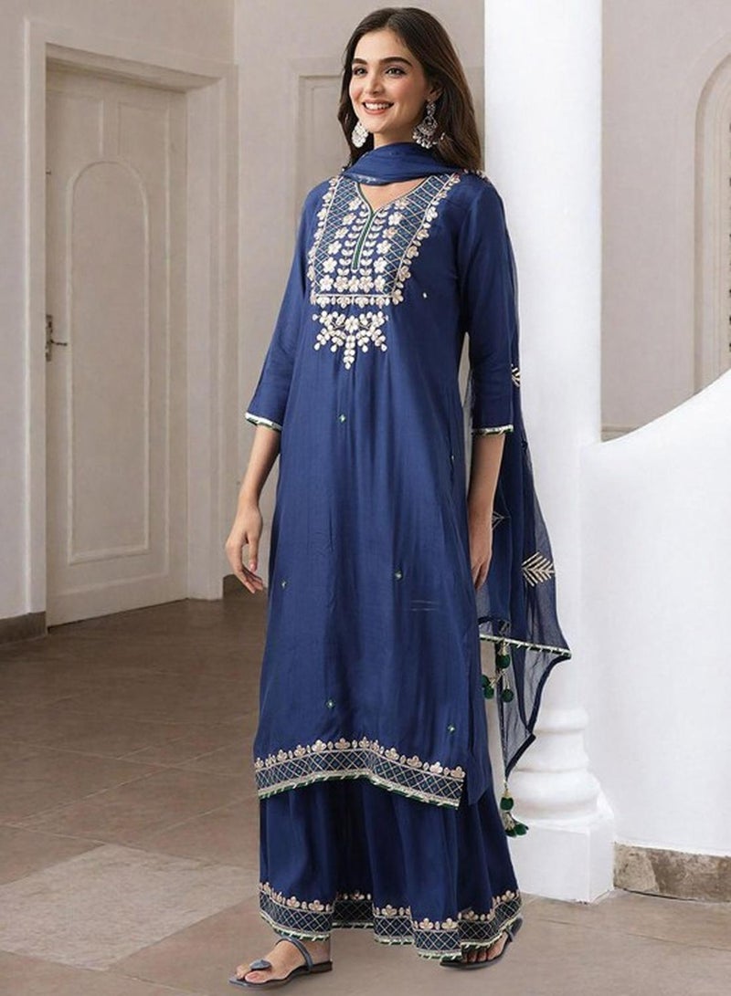 ISHIN Women's Navy 100% Polyester Embellished Tunic Full Length Palazzo Straight Fit Kurta Set  - Image 5