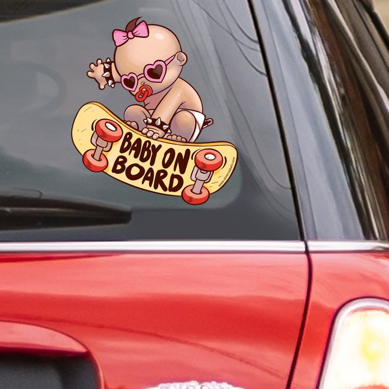 Oliver's Labels Baby on Board Sticker for Car - Skater Baby - Funny Cute Vinyl Window Decal - Heat Resistant, Long Lasting, Waterproof - with 17 Dress up Accessories - Image 2