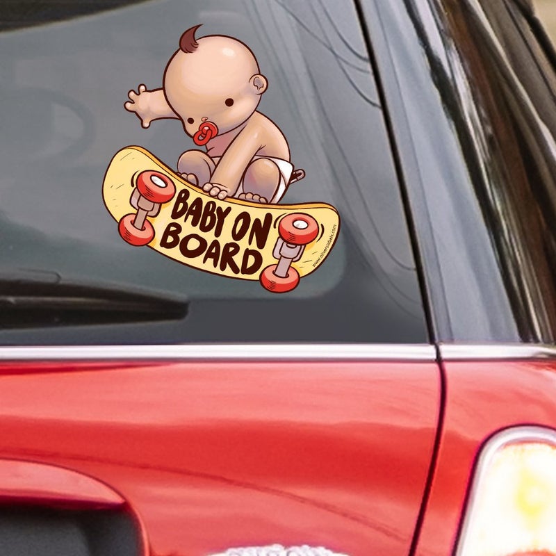 Oliver's Labels Baby on Board Sticker for Car - Skater Baby - Funny Cute Vinyl Window Decal - Heat Resistant, Long Lasting, Waterproof - with 17 Dress up Accessories - Image 1