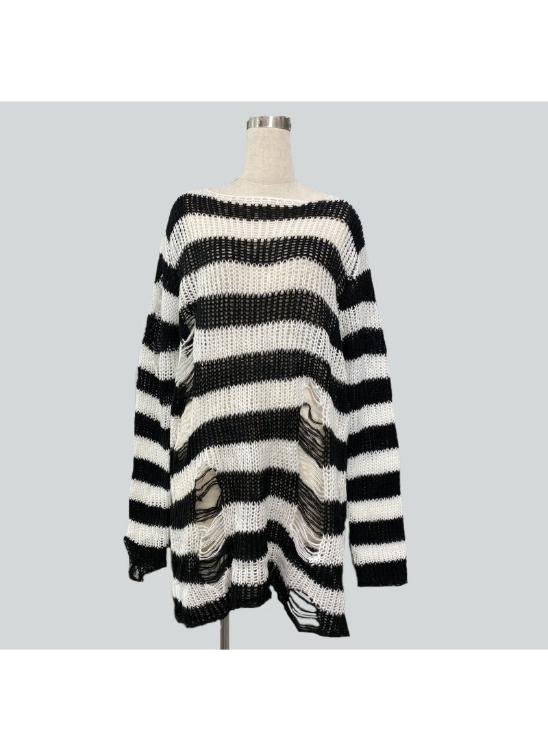 Generic Mohair new European and American Foreign trade loose striped sweater Women's Mid-length pullover ripped thin wool sweater  - Image 1