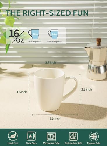Sweese Porcelain Coffee Mugs - 16 Ounce (Top to the Rim) for Coffee, Latte, Tea, Cocoa, Set of 4, White - Image 2