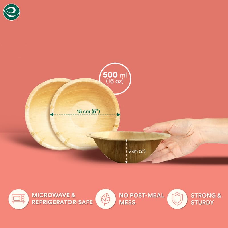 ECO SOUL 100% Compostable, Biodegradable, Disposable Palm Leaf Bowls |6 inch, 16oz, pack of 50 (Round) | Like Bamboo Bowls, Eco-friendly | Sturdy, Microwave & Oven Safe - Image 2
