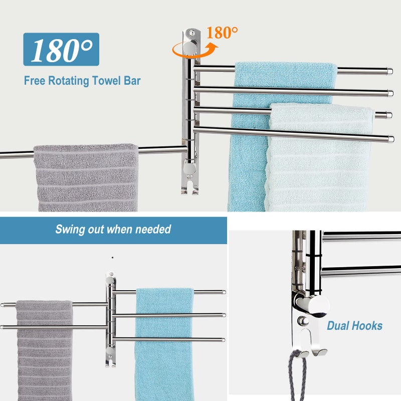 SCDGRW Swivel Towel bar 5 arm - Stainless Steel Bathroom Swing Towel Rack with Hook- Wall Mounted Towel Holder Storage Organizer for Bathroom Kitchen - Image 3