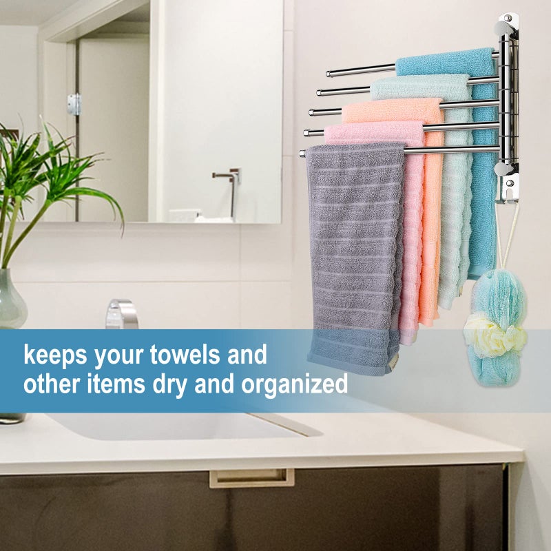 SCDGRW Swivel Towel bar 5 arm - Stainless Steel Bathroom Swing Towel Rack with Hook- Wall Mounted Towel Holder Storage Organizer for Bathroom Kitchen - Image 4