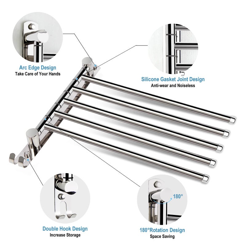 SCDGRW Swivel Towel bar 5 arm - Stainless Steel Bathroom Swing Towel Rack with Hook- Wall Mounted Towel Holder Storage Organizer for Bathroom Kitchen - Image 2