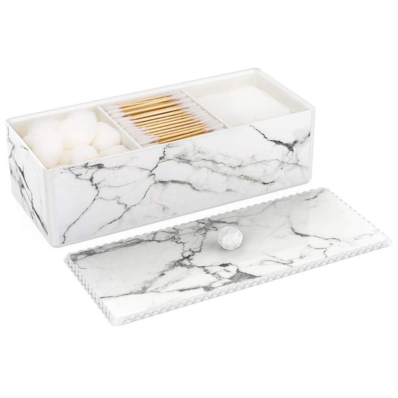 Luxspire Luxspire Cotton Swab Holder with Lid, Marble Pattern Cotton Ball Holder Dispenser, Bathroom Canister Storage Jar for Cotton Pads Bud Q-tip, Vanity Cosmetics Countertop Organizer with 3 Compartments  - Image 1