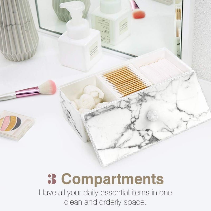 Luxspire Luxspire Cotton Swab Holder with Lid, Marble Pattern Cotton Ball Holder Dispenser, Bathroom Canister Storage Jar for Cotton Pads Bud Q-tip, Vanity Cosmetics Countertop Organizer with 3 Compartments  - Image 2