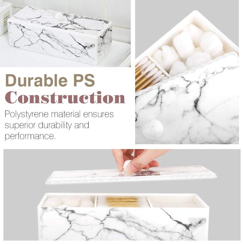 Luxspire Luxspire Cotton Swab Holder with Lid, Marble Pattern Cotton Ball Holder Dispenser, Bathroom Canister Storage Jar for Cotton Pads Bud Q-tip, Vanity Cosmetics Countertop Organizer with 3 Compartments  - Image 4