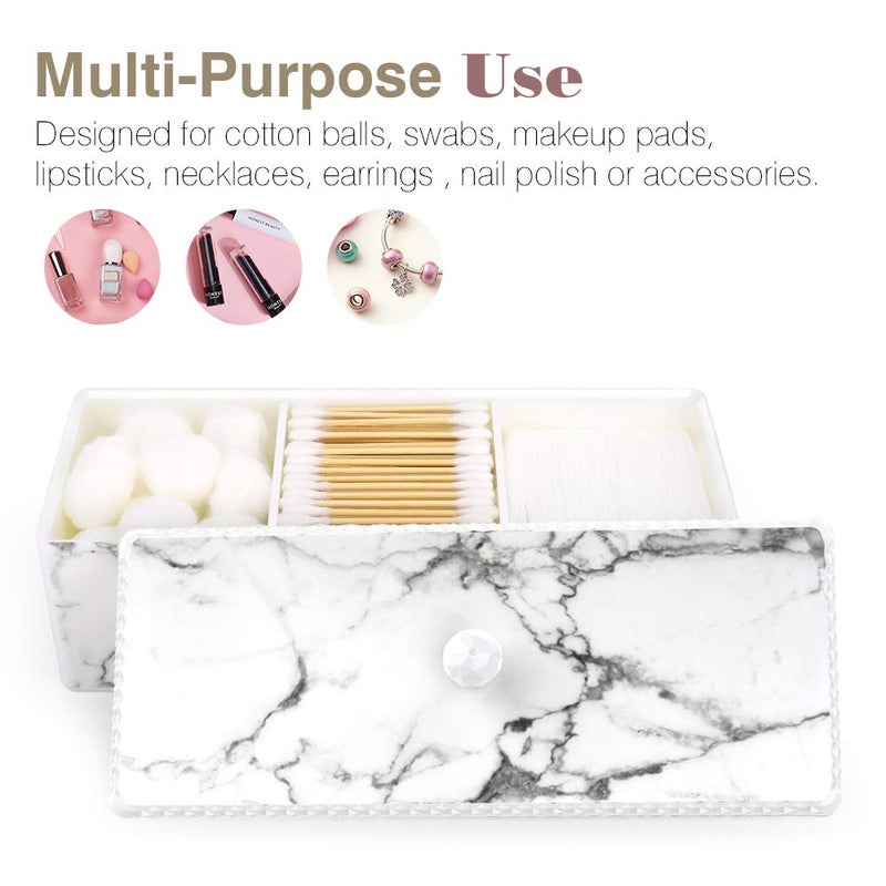 Luxspire Luxspire Cotton Swab Holder with Lid, Marble Pattern Cotton Ball Holder Dispenser, Bathroom Canister Storage Jar for Cotton Pads Bud Q-tip, Vanity Cosmetics Countertop Organizer with 3 Compartments  - Image 3