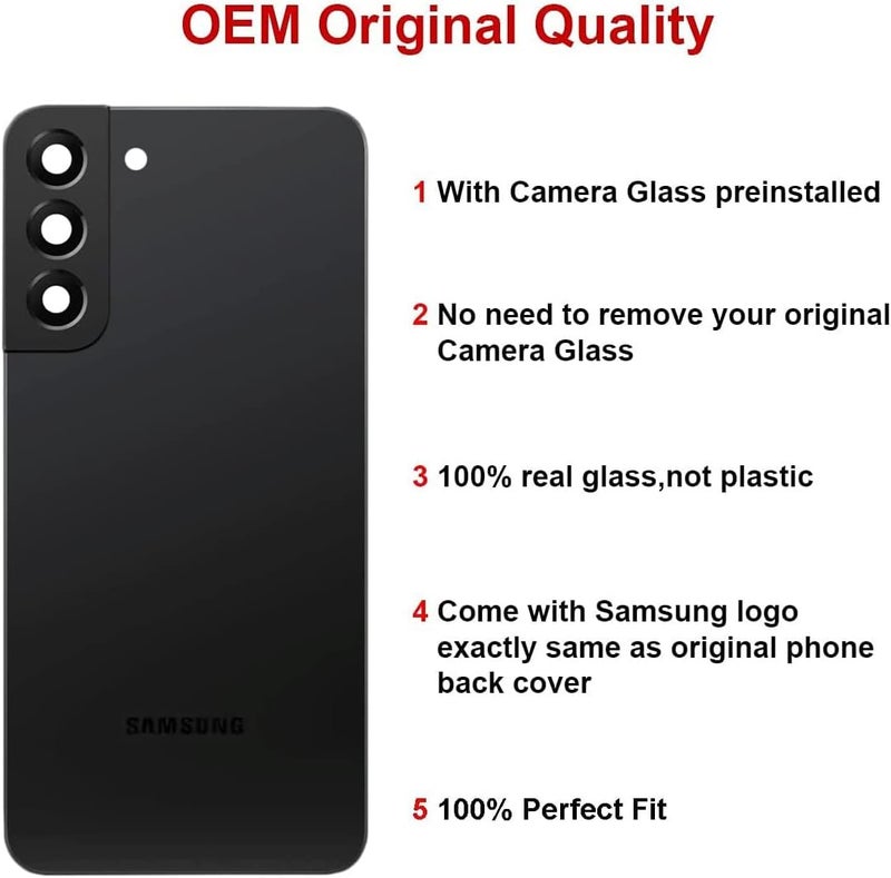 Perzework Rear Back Glass Replacement for Samsung Galaxy S22 Plus 6.6 inches 5G with Reparing Toolkit and Pre-Installed Adhesive (Phantom Black) - Image 2