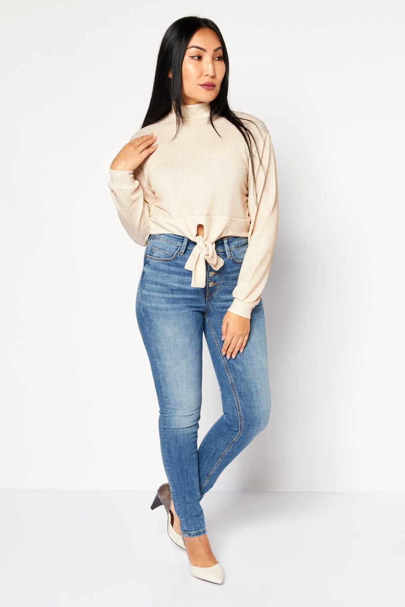 Sage The Label Women High Neck Long Sleeve Textured Top, Beige - Image 3