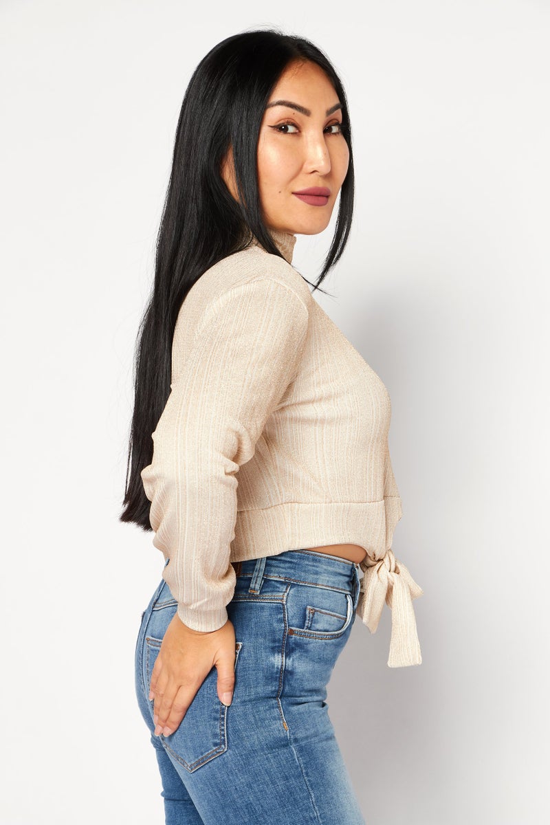 Sage The Label Women High Neck Long Sleeve Textured Top, Beige - Image 2