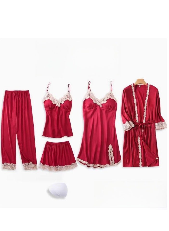 Pajama Women's Ice Silk Five Piece Set With High-End Feel And Chest Cushion Silk Home Suit Set - Image 1
