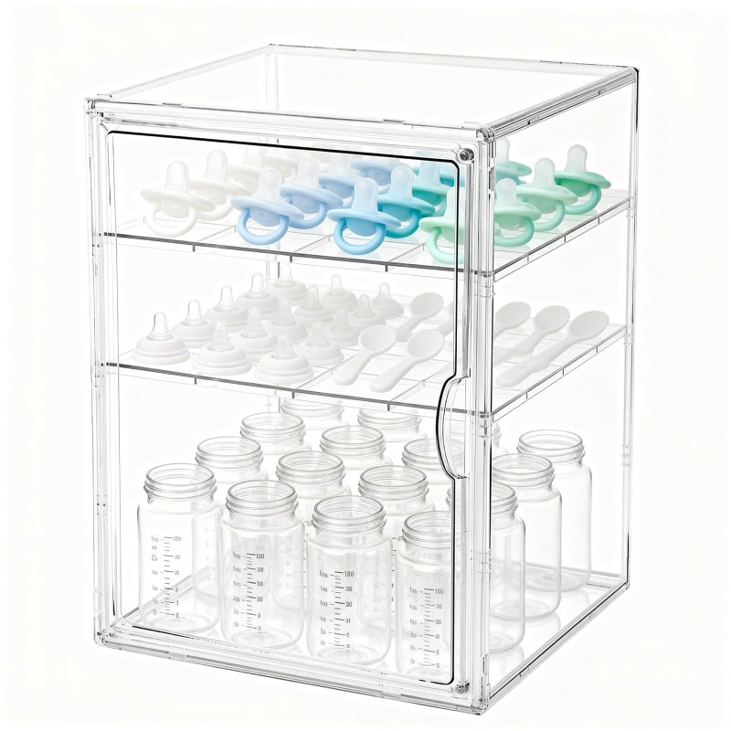 RISICULIS Baby Bottle Organizer, 3 Tiers Acrylic Bottle Storage Organizer Container, Clear Plastic Bottle Station Organizer with 2 Adjustable Dividers for Kitchen Countertop, Bathroom, Cabinet, Vanity - Image 1