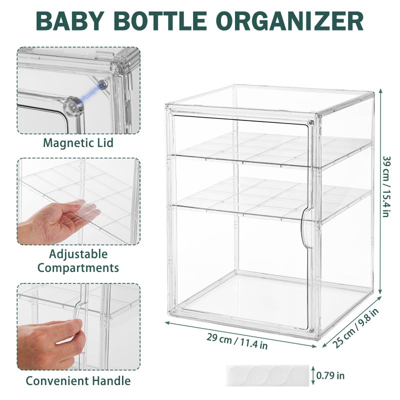 RISICULIS Baby Bottle Organizer, 3 Tiers Acrylic Bottle Storage Organizer Container, Clear Plastic Bottle Station Organizer with 2 Adjustable Dividers for Kitchen Countertop, Bathroom, Cabinet, Vanity - Image 2