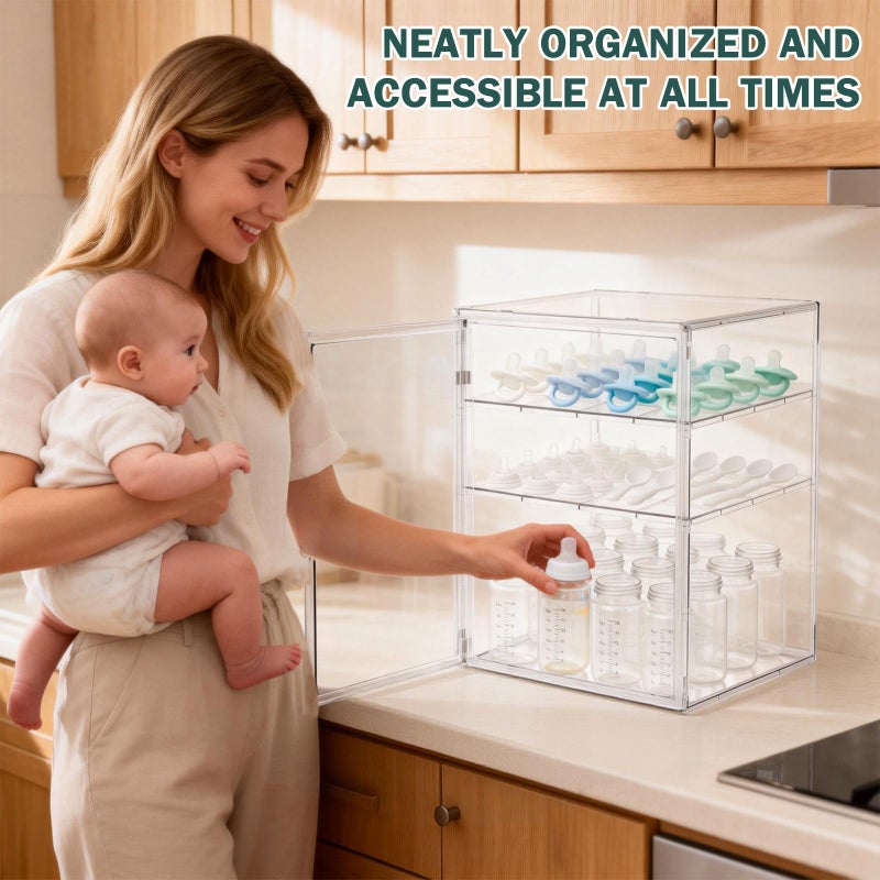 RISICULIS Baby Bottle Organizer, 3 Tiers Acrylic Bottle Storage Organizer Container, Clear Plastic Bottle Station Organizer with 2 Adjustable Dividers for Kitchen Countertop, Bathroom, Cabinet, Vanity - Image 4
