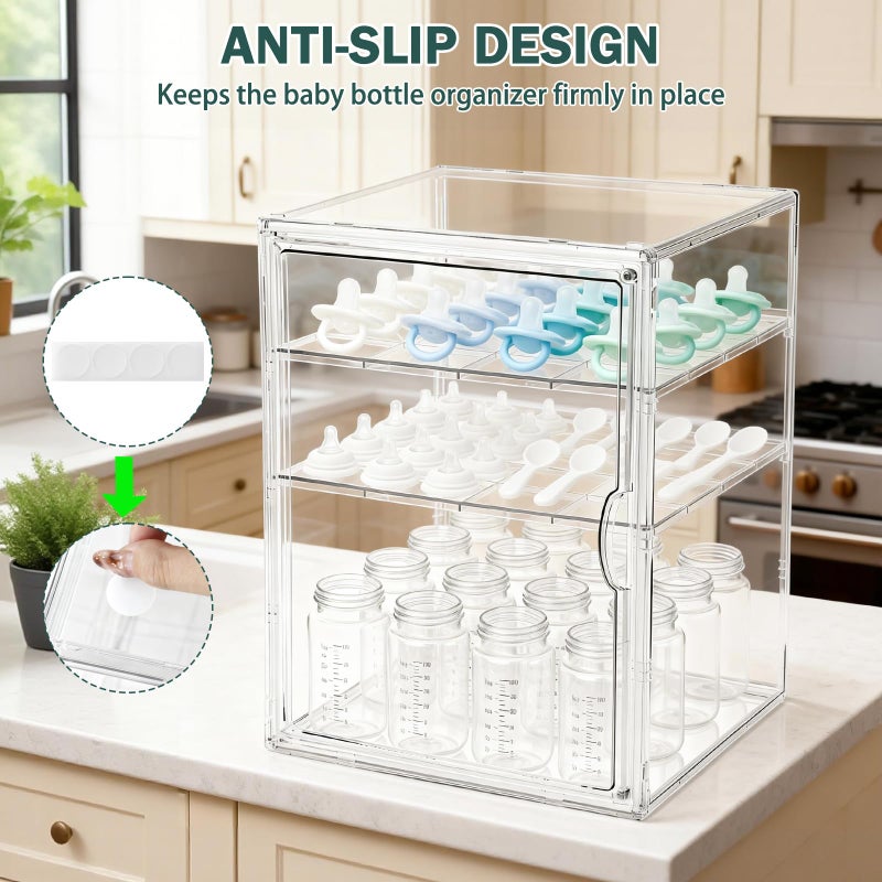 RISICULIS Baby Bottle Organizer, 3 Tiers Acrylic Bottle Storage Organizer Container, Clear Plastic Bottle Station Organizer with 2 Adjustable Dividers for Kitchen Countertop, Bathroom, Cabinet, Vanity - Image 5