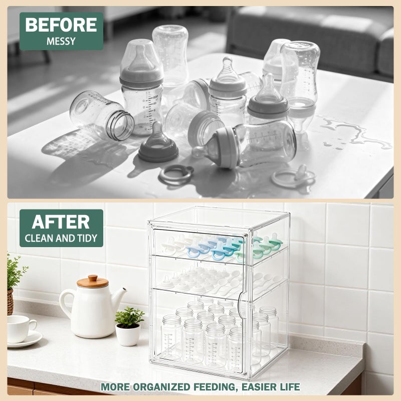 RISICULIS Baby Bottle Organizer, 3 Tiers Acrylic Bottle Storage Organizer Container, Clear Plastic Bottle Station Organizer with 2 Adjustable Dividers for Kitchen Countertop, Bathroom, Cabinet, Vanity - Image 3