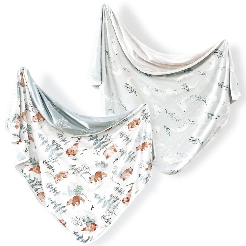 GRSSDER Baby Blankets 2 Pack Super Soft Jersey Knit Swaddle Blankets for Baby Girls and Boys, Double Layer Receiving Blankets 34 x 44 Extra Large for Swaddling, Bear & Snow Wolf - Image 1