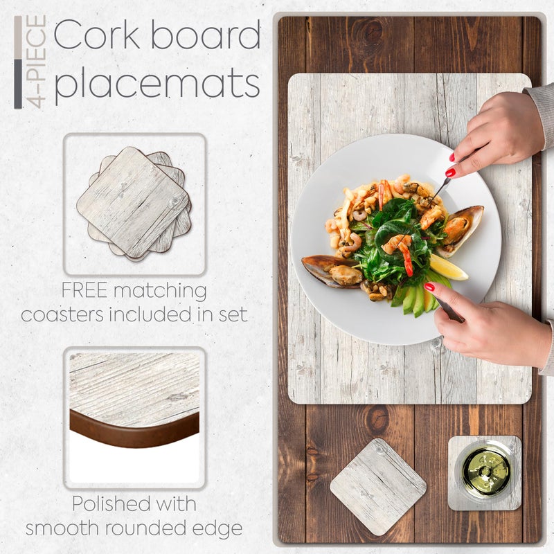 Moderry Set of 4 Heat Resistant Cork Placemats for Dining Table with Free Set of 4 Matching Drink Coasters Cork Wood Design Print 16 x 12 Inches Cork Backed Hard Placemats (White Driftwood) - Image 4