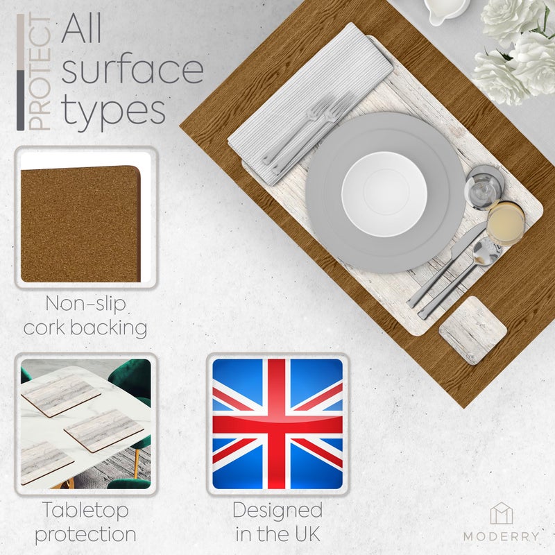 Moderry Set of 4 Heat Resistant Cork Placemats for Dining Table with Free Set of 4 Matching Drink Coasters Cork Wood Design Print 16 x 12 Inches Cork Backed Hard Placemats (White Driftwood) - Image 5