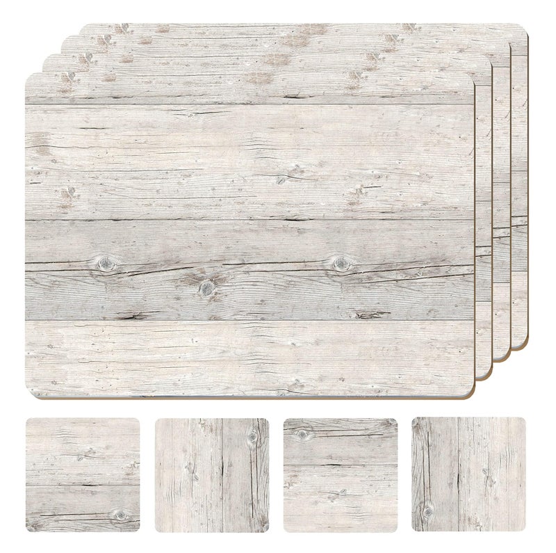 Moderry Set of 4 Heat Resistant Cork Placemats for Dining Table with Free Set of 4 Matching Drink Coasters Cork Wood Design Print 16 x 12 Inches Cork Backed Hard Placemats (White Driftwood) - Image 1