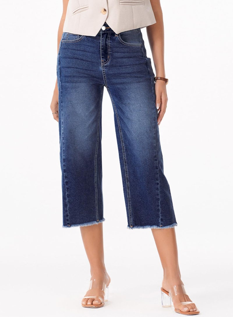 Sidefeel Women's High Waisted Jeans Stretchy Straight Leg Raw Hem Capri Pants Size 14 Dark Blue - Image 4