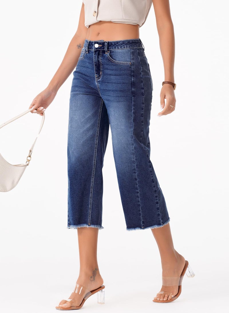 Sidefeel Women's High Waisted Jeans Stretchy Straight Leg Raw Hem Capri Pants Size 14 Dark Blue - Image 3