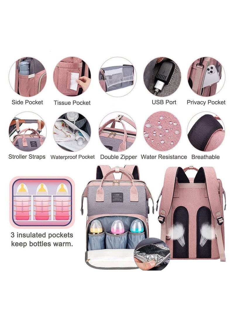 Cool Baby COOLBABY Diaper Bag Backpack 7 in 1 Travel Diaper Bag Mommy Bag With USB Charging Port Pink-Grey  - Image 2