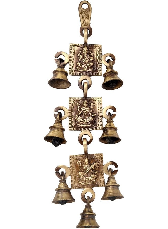 Two Moustaches Ganesh Laxmi Saraswati Brass Hanging Bells, Ghanti for Pooja, Ghanti for Home, Temple Decorative Bells - Image 1