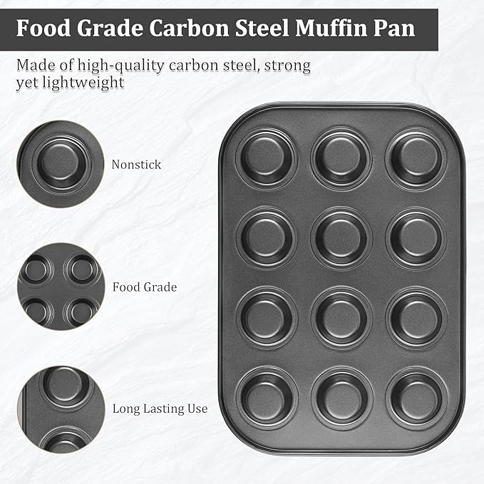 BAKERS PARDISE 12-Cup Muffin Tray for Baking Non-Stick Carbon Steel Mini Cupcake Mould | BPA-Free, 500°F Heat Resistant | Microwave & OTG Oven Safe | Perfect for Home Baker,Brownie,Cake - Image 2