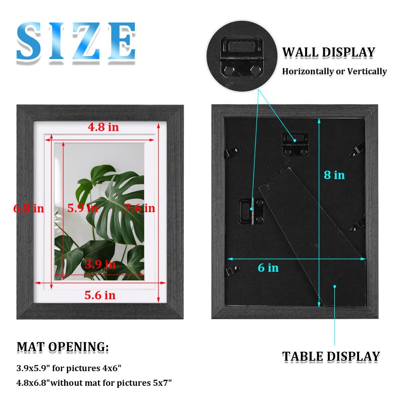 Egofine Egofine 6x8 Picture Frame Made of Solid Wood with Plexiglass  Display Pictures 4x6/5x7 with Mat or 6x8 Without Mat Set of 4 for Tabletop and Wall Mounting  Rustic Black  - Image 3