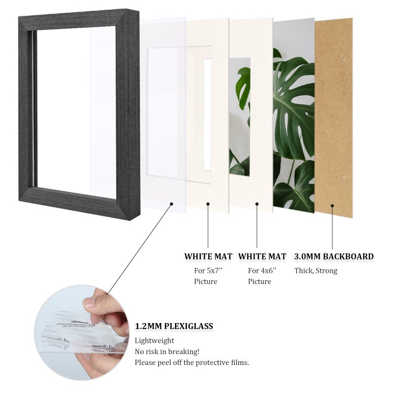 Egofine Egofine 6x8 Picture Frame Made of Solid Wood with Plexiglass  Display Pictures 4x6/5x7 with Mat or 6x8 Without Mat Set of 4 for Tabletop and Wall Mounting  Rustic Black  - Image 4